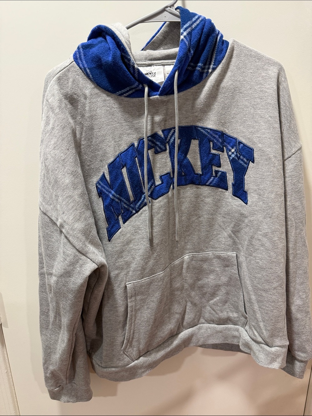 Disney Grey Hoodie with Blue Plaid-Lined Hood and Blue 'Mickey' Lettering
